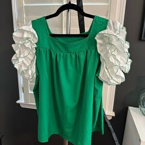SHEIN Green Ruffled Short Sleeve Blouse